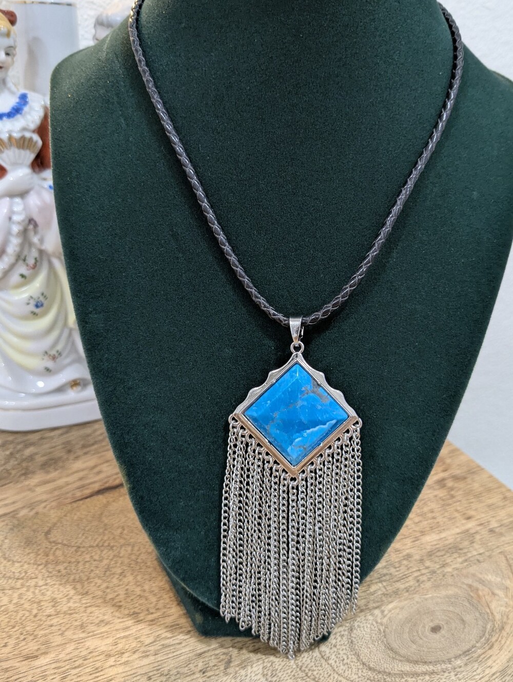 Boho Silver Fringe Pendant Necklace with Blue Howlite Stone